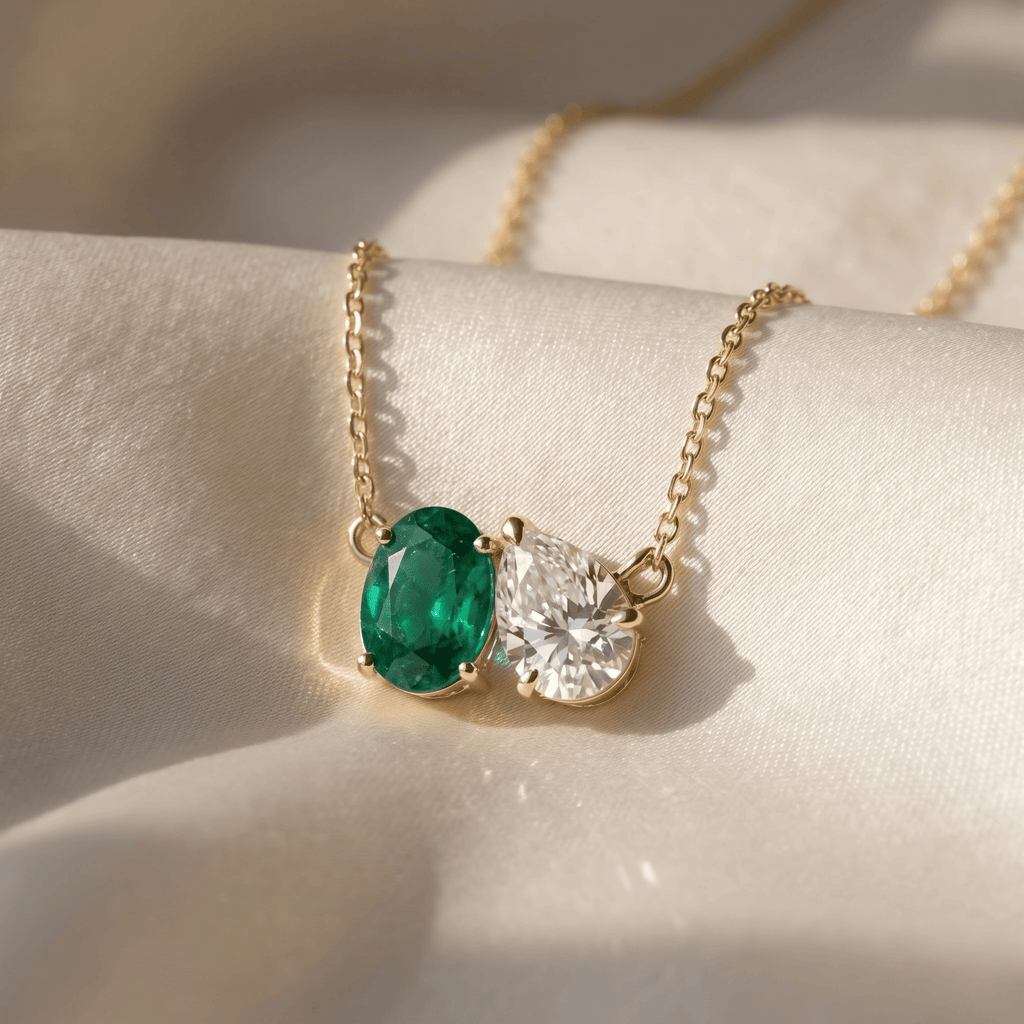 2.95 Cttw Oval Emerald, Ruby, Sapphire and Lab Diamond 14K Yellow Gold Toi et Moi Pendant Necklace