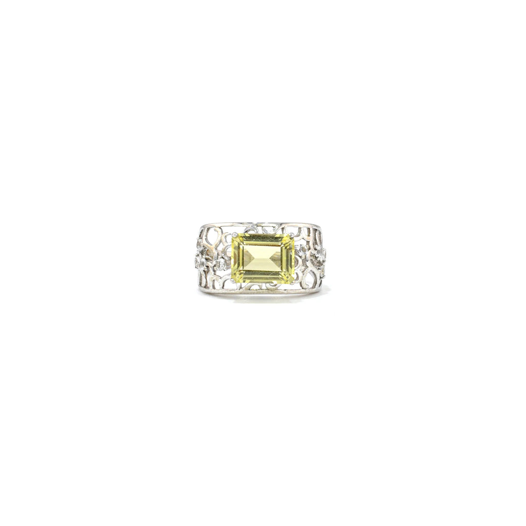 Emerald Cut Lemon Quartz Silver Filigree Ring