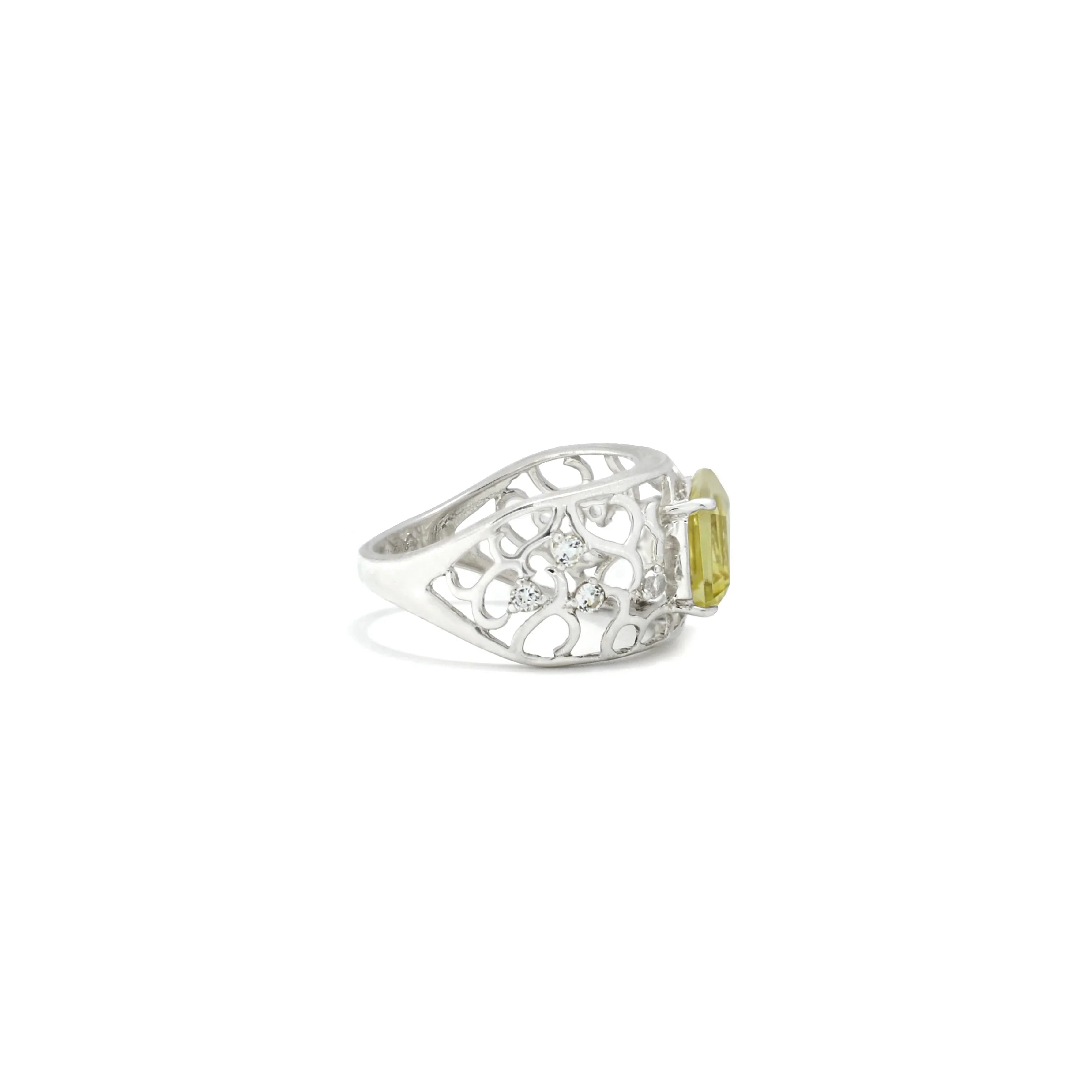 Emerald Cut Lemon Quartz Silver Filigree Ring