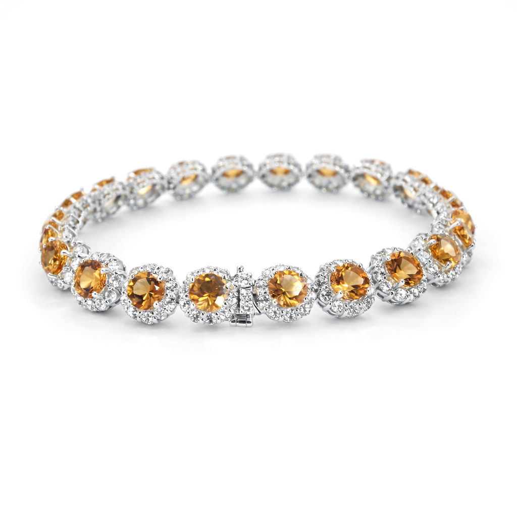Natural Round Yellow Citrine Silver 8-inch Halo Bracelet