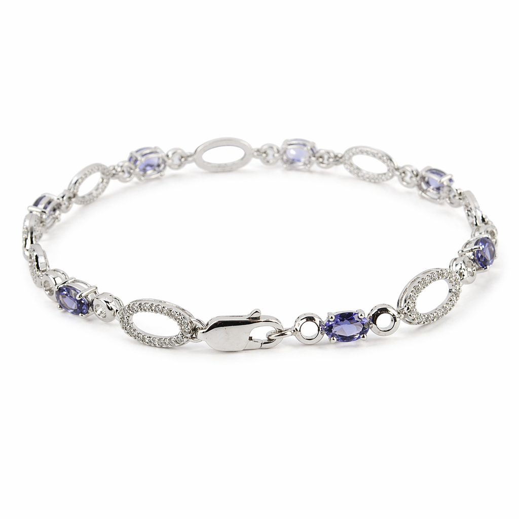 Natural Oval Blue Iolite 8-inch Link Bracelet Silver
