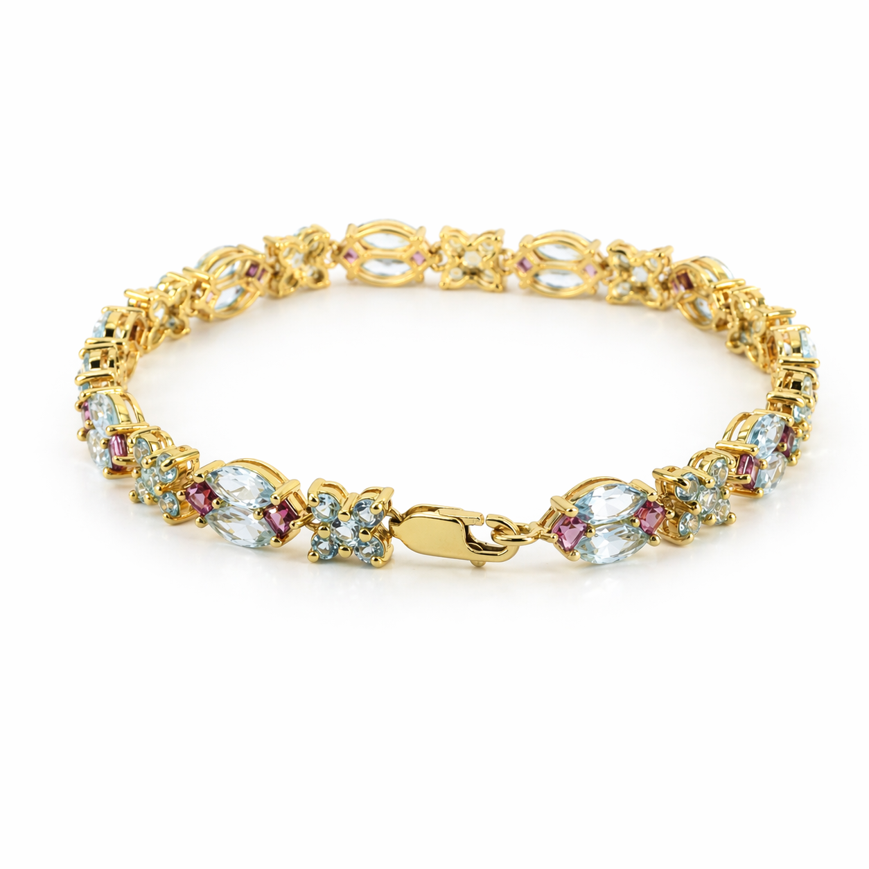 Natural Marquise Cut Blue Topaz Cluster Silver Link Bracelet 7 inches