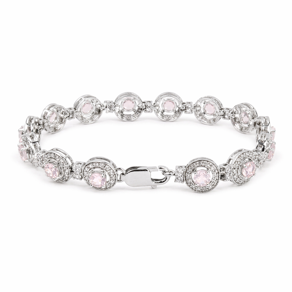 Natural Round Rose Quartz Halo Silver Link Bracelet 7.5 inches
