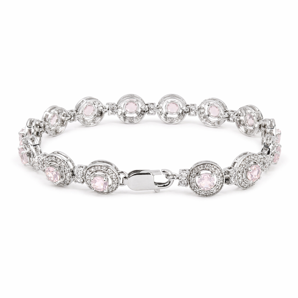 Natural Round Rose Quartz Halo Silver Link Bracelet 7.5 inches