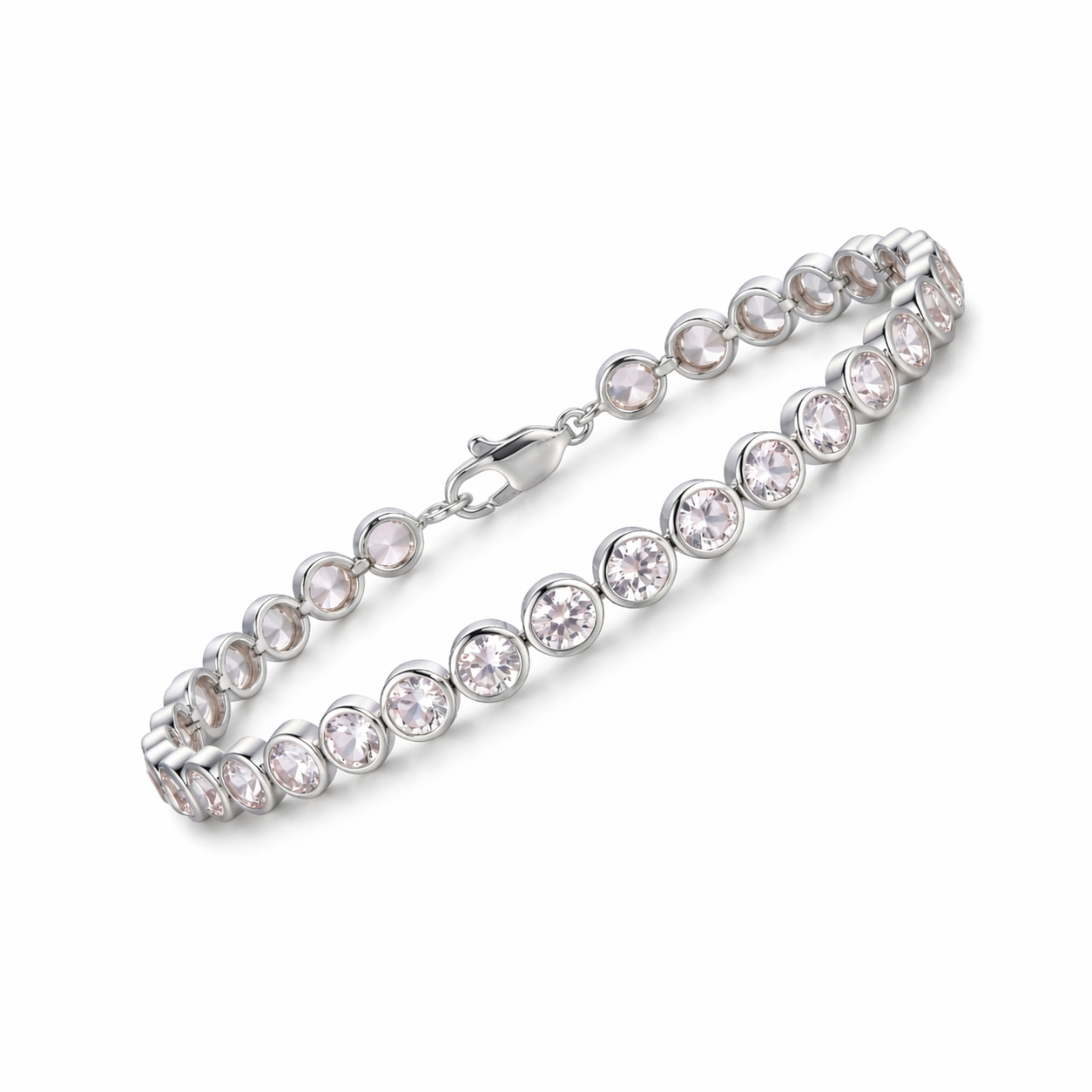 Natural Round Rose Quartz Bezel Tennis Silver Bracelet 7.5 inches