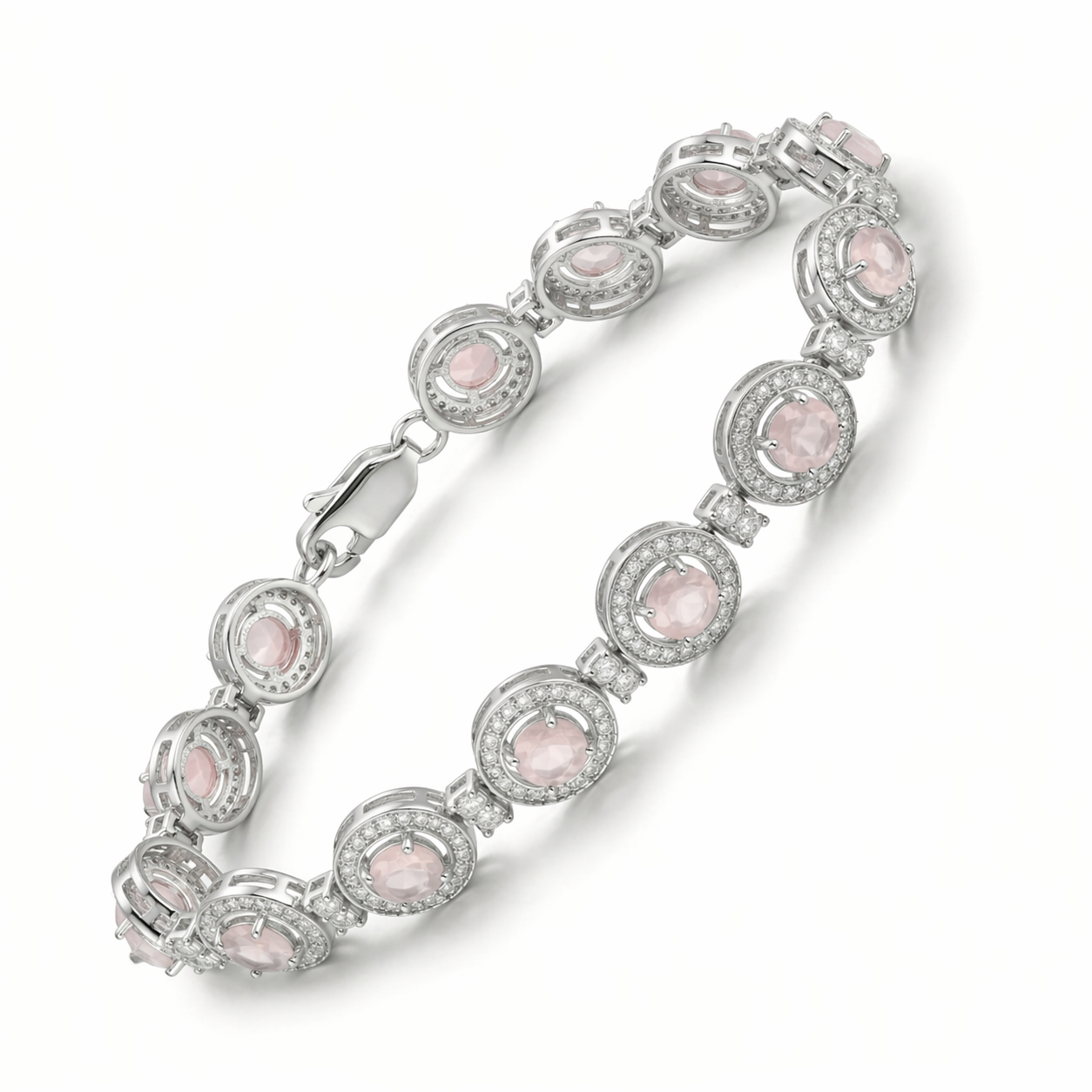 Natural Round Rose Quartz Halo Silver Link Bracelet 7.5 inches