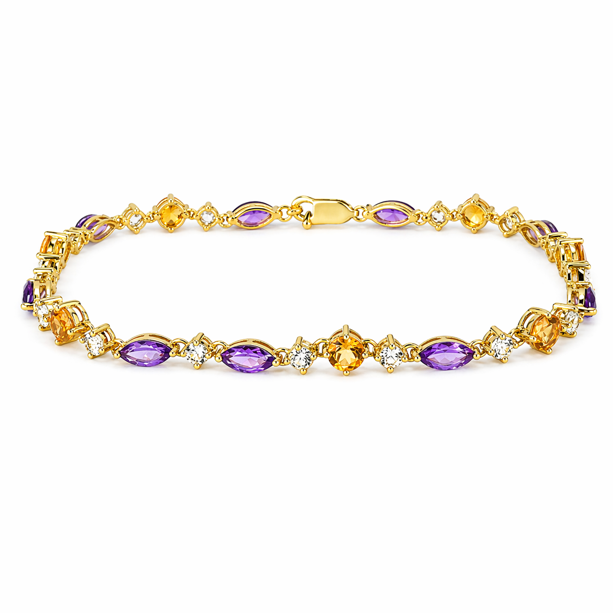 Natural Multi Gemstone Yellow Gold Over Silver Link Bracelet 8inches