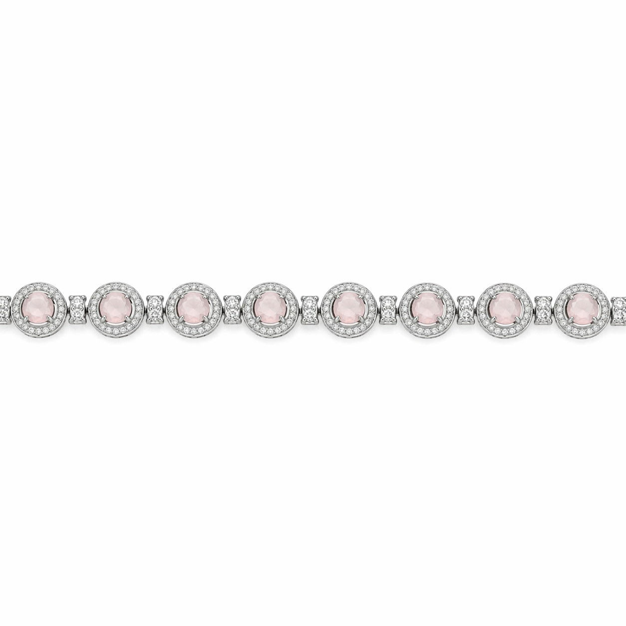 Natural Round Rose Quartz Halo Silver Link Bracelet 7.5 inches