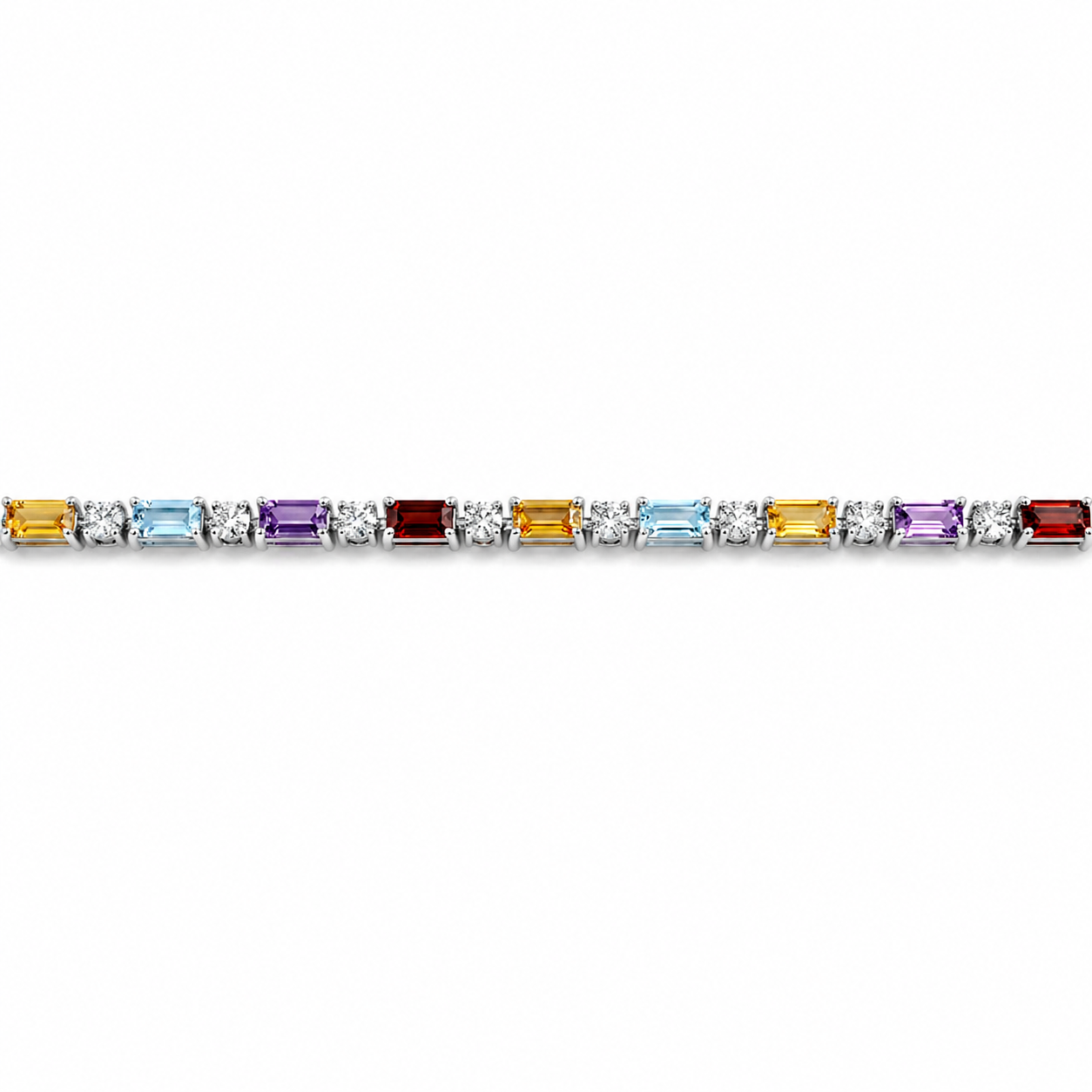 Natural Multi Gemstone Rainbow Silver Bracelet 8 inches
