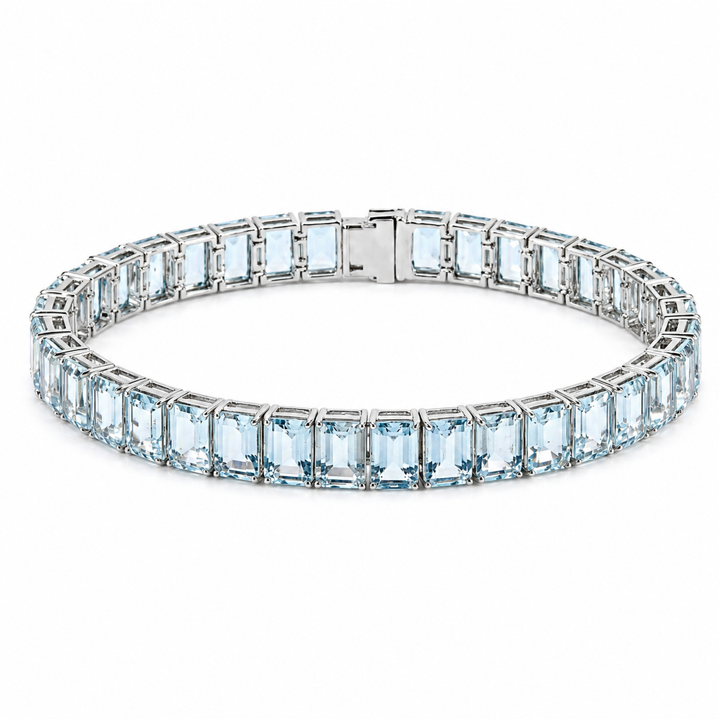 8 inch Natural Emerald Cut Blue Aquamarine Tennis Bracelet Silver