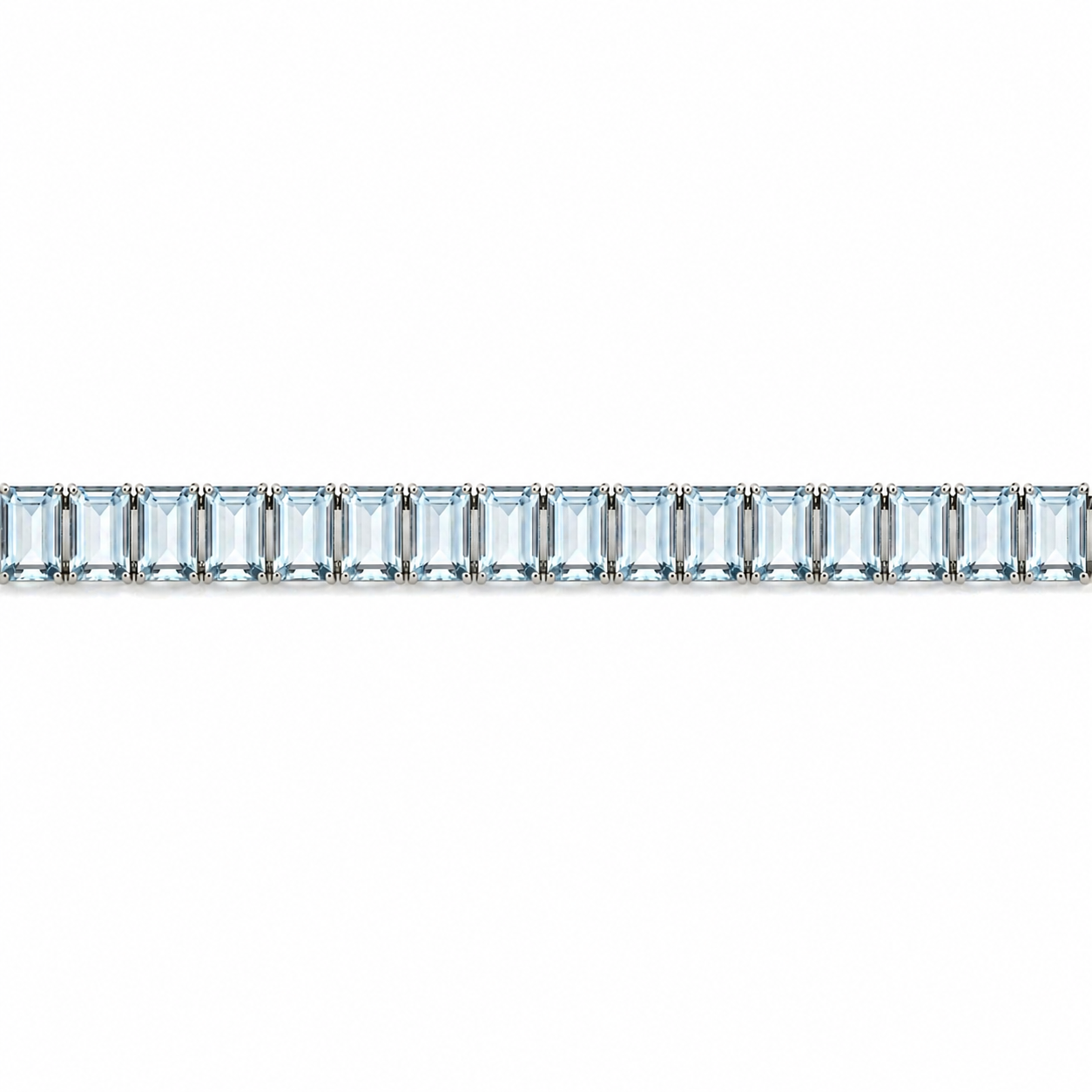 8 inch Natural Emerald Cut Blue Aquamarine Tennis Bracelet Silver