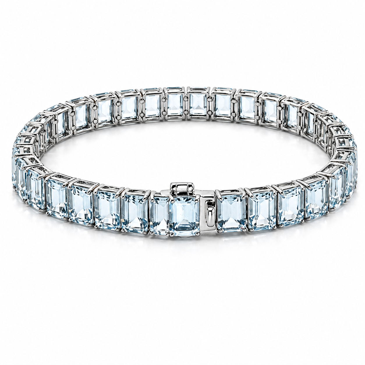 8 inch Natural Emerald Cut Blue Aquamarine Tennis Bracelet Silver