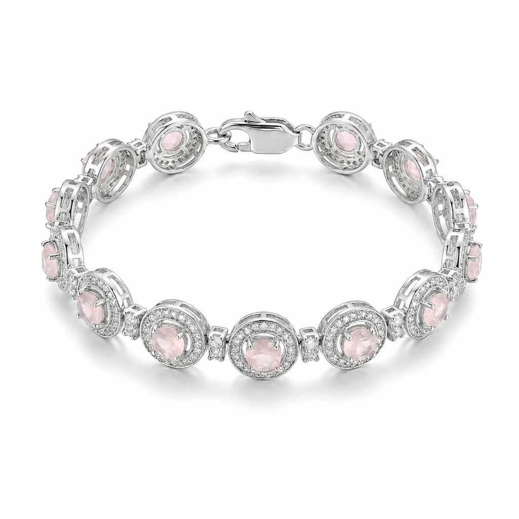 Natural Round Rose Quartz Halo Silver Link Bracelet 7.5 inches