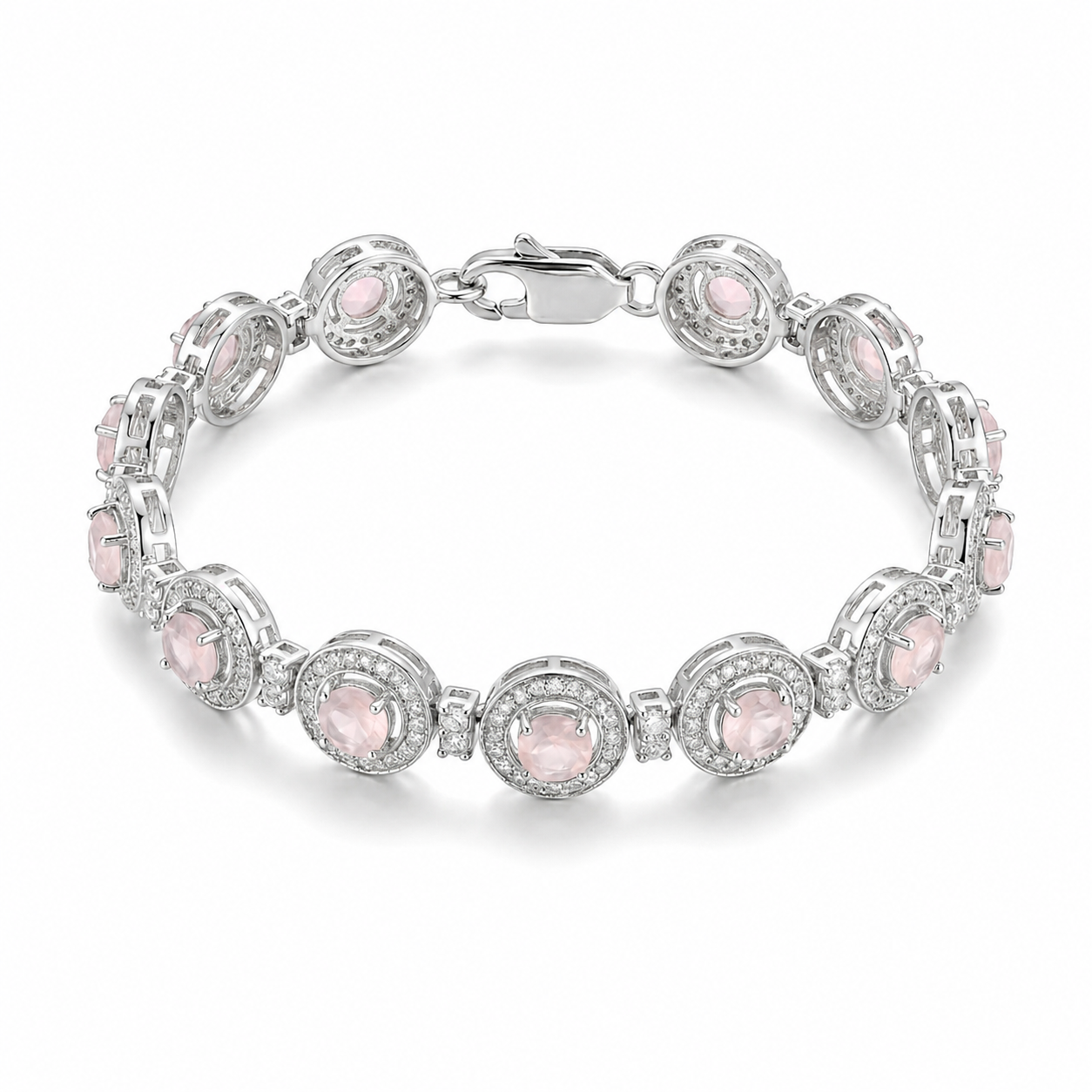 Natural Round Rose Quartz Halo Silver Link Bracelet 7.5 inches