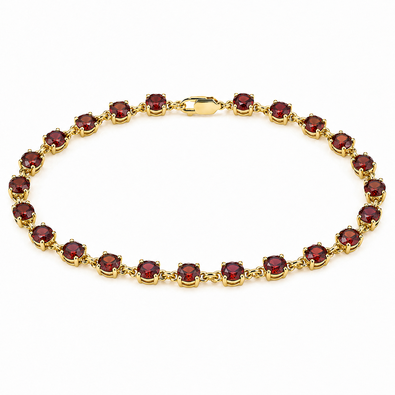 Natural Round Red Garnet Link Silver Bracelet 7.5inches