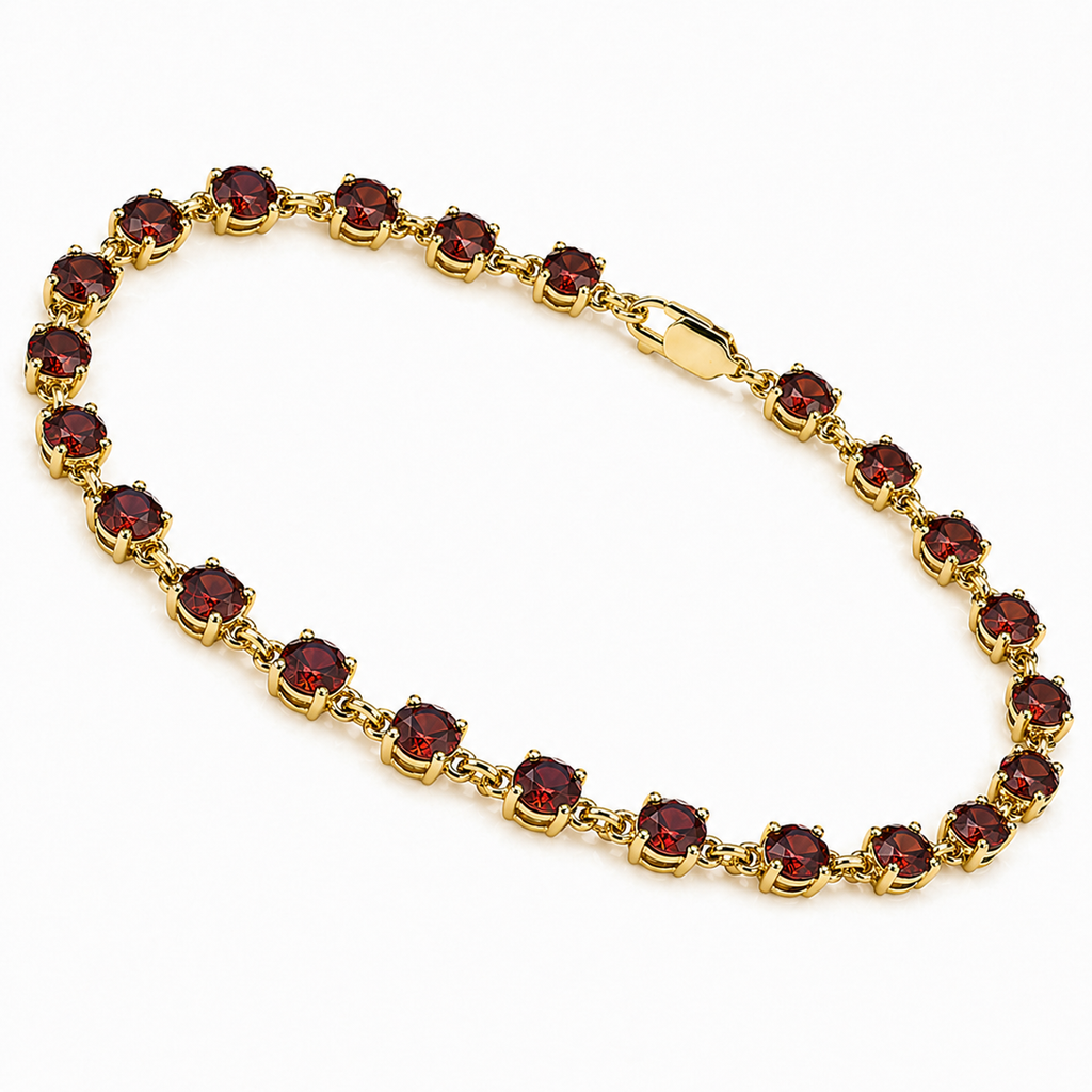 Natural Round Red Garnet Link Silver Bracelet 7.5inches