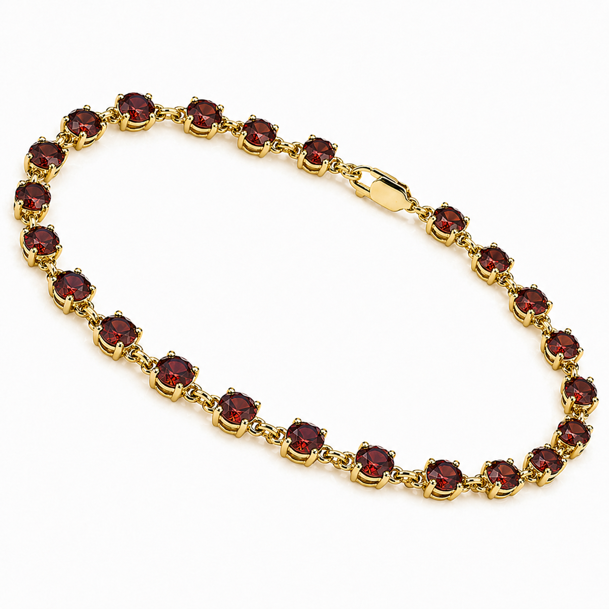 Natural Round Red Garnet Link Silver Bracelet 7.5inches