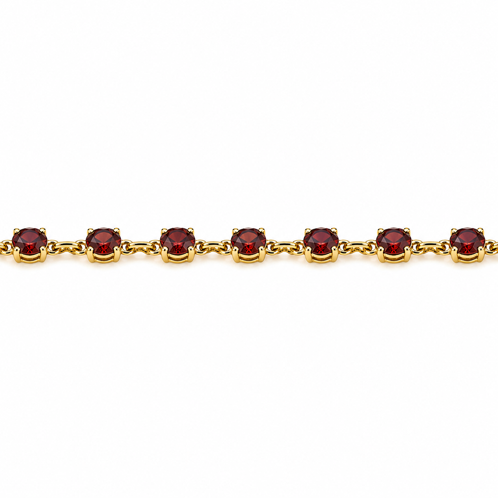 Natural Round Red Garnet Link Silver Bracelet 7.5inches
