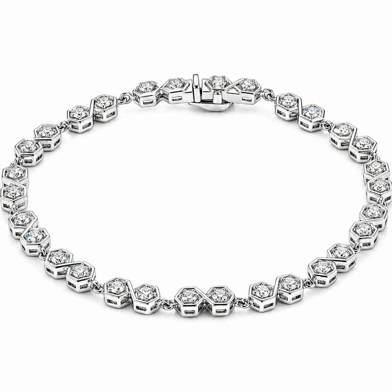 Natural White Zircon Silver Halo Bezel Infinity Bracelet 7 Inch