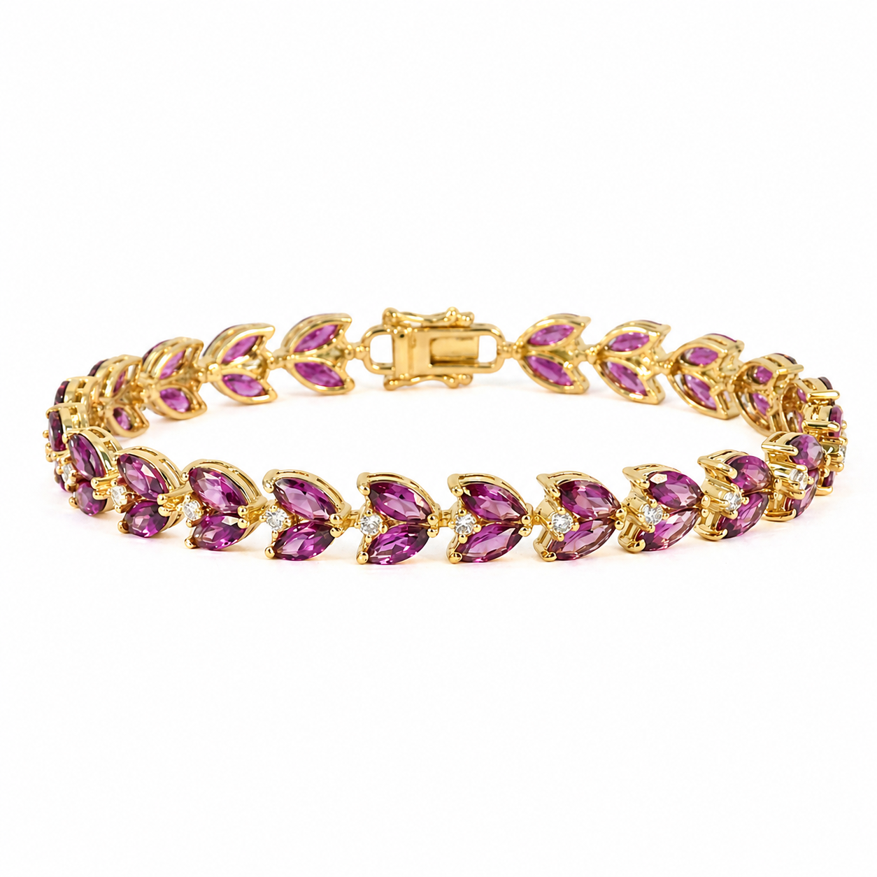 Natural Rhodolite Garnet Yellow Gold Over Silver Leaf Bracelet 7 inches