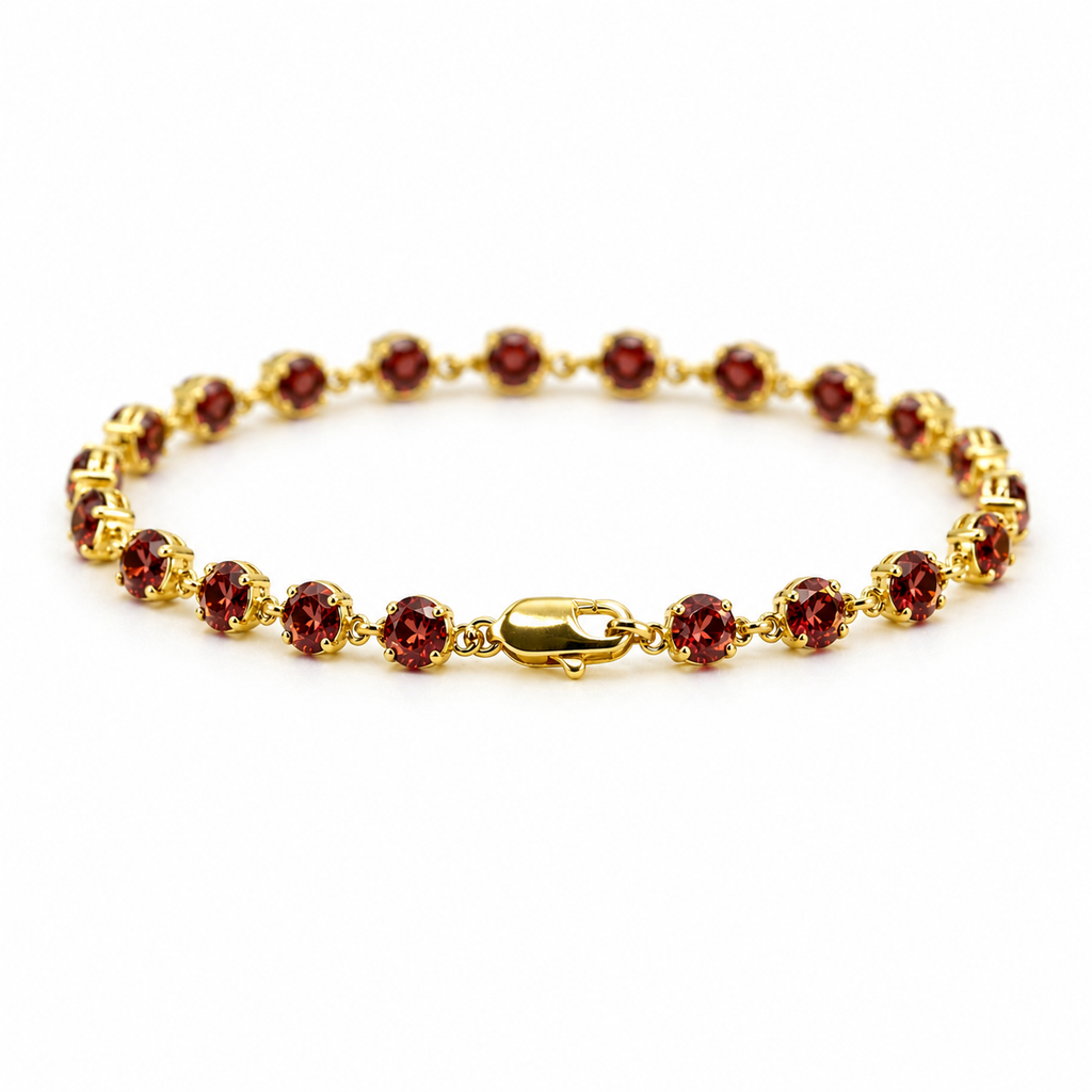 Natural Round Red Garnet Link Silver Bracelet 7.5inches
