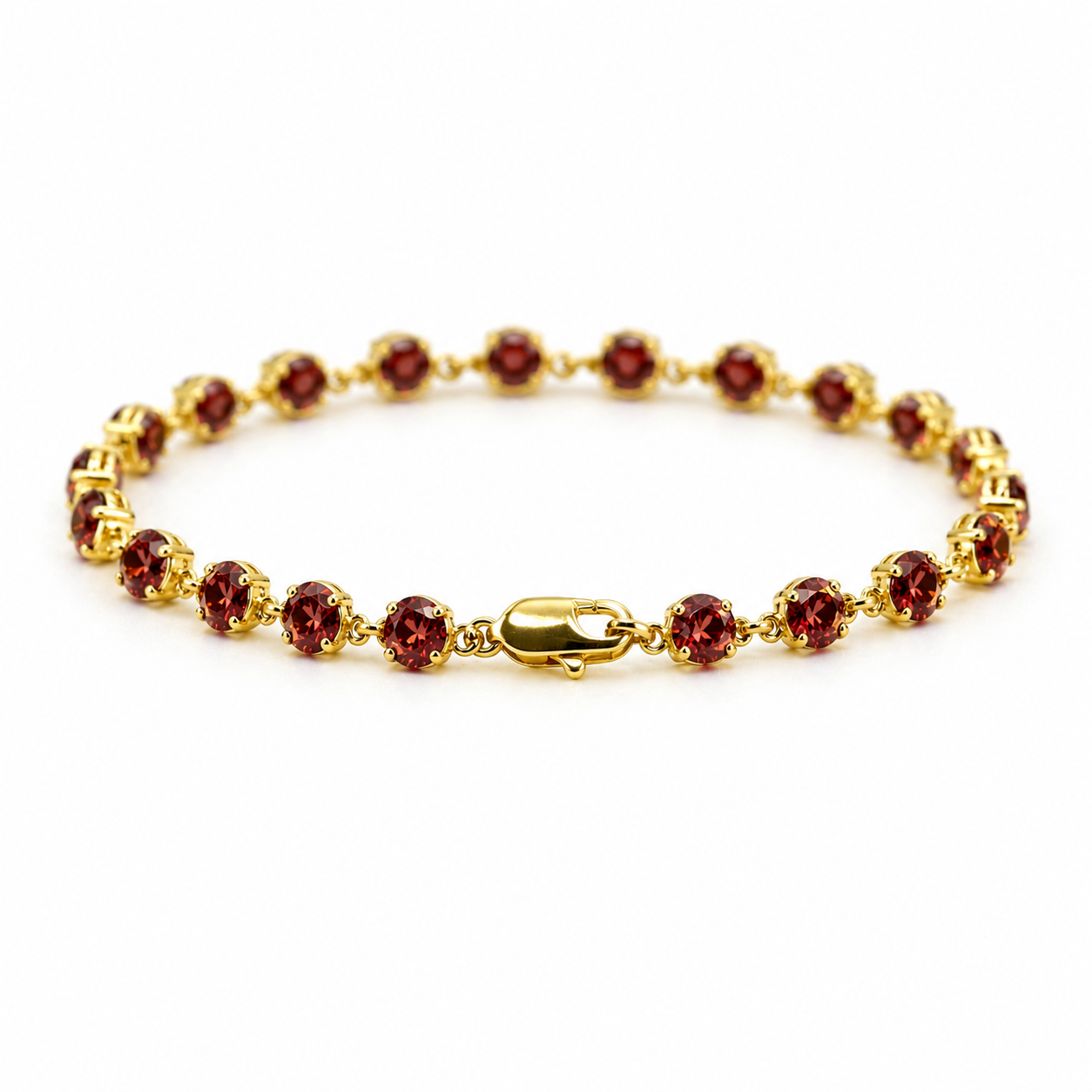 Natural Round Red Garnet Link Silver Bracelet 7.5inches