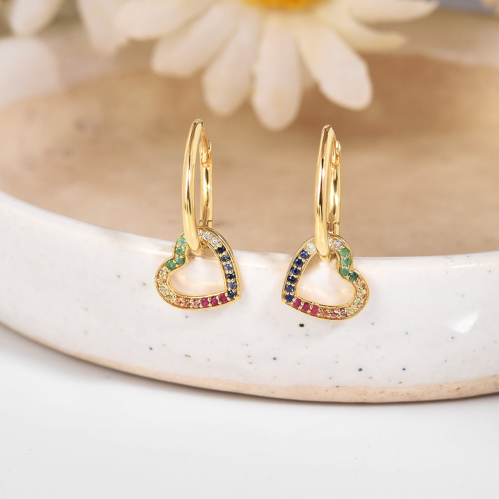 22k Gold Vermeil Diamond and Multi-Gemstone Heart Hoop Earrings