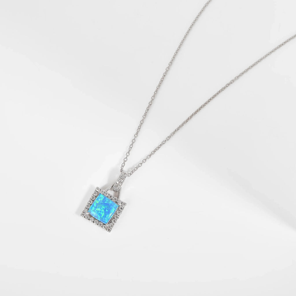 Lab Grown Blue Opal Halo Pendant Necklace Fine Color Jewels
