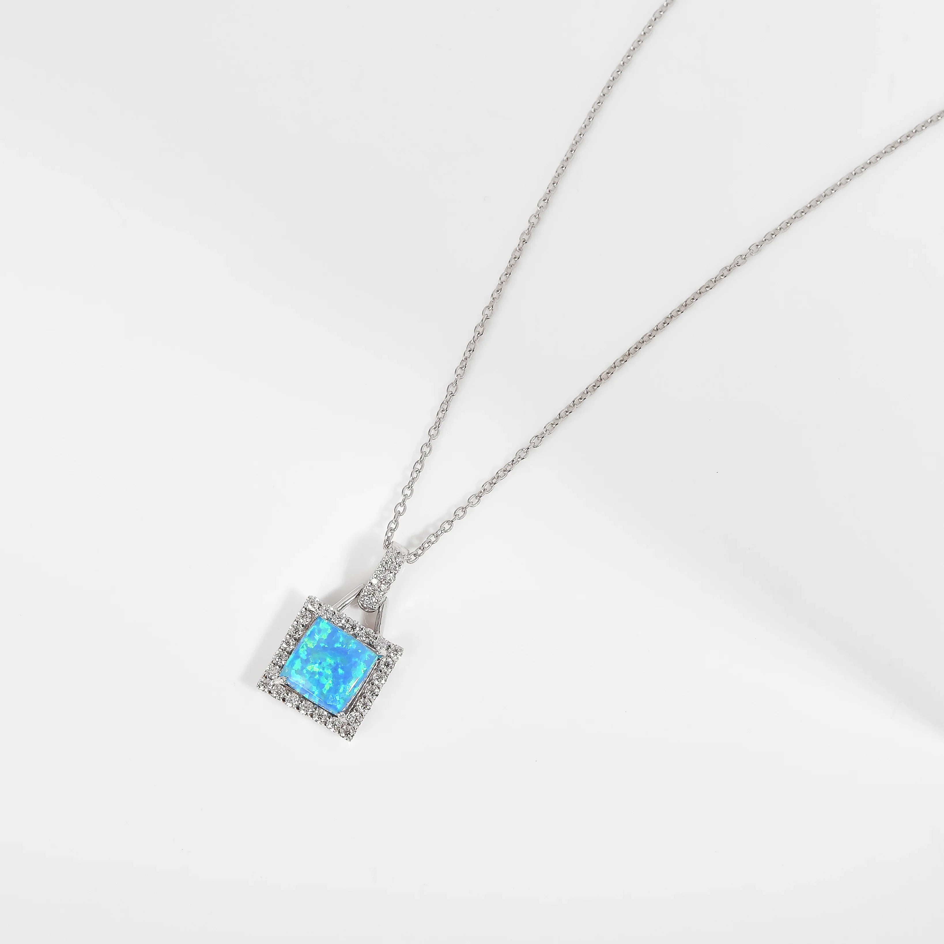Lab Grown Blue Opal Halo Pendant Necklace Fine Color Jewels
