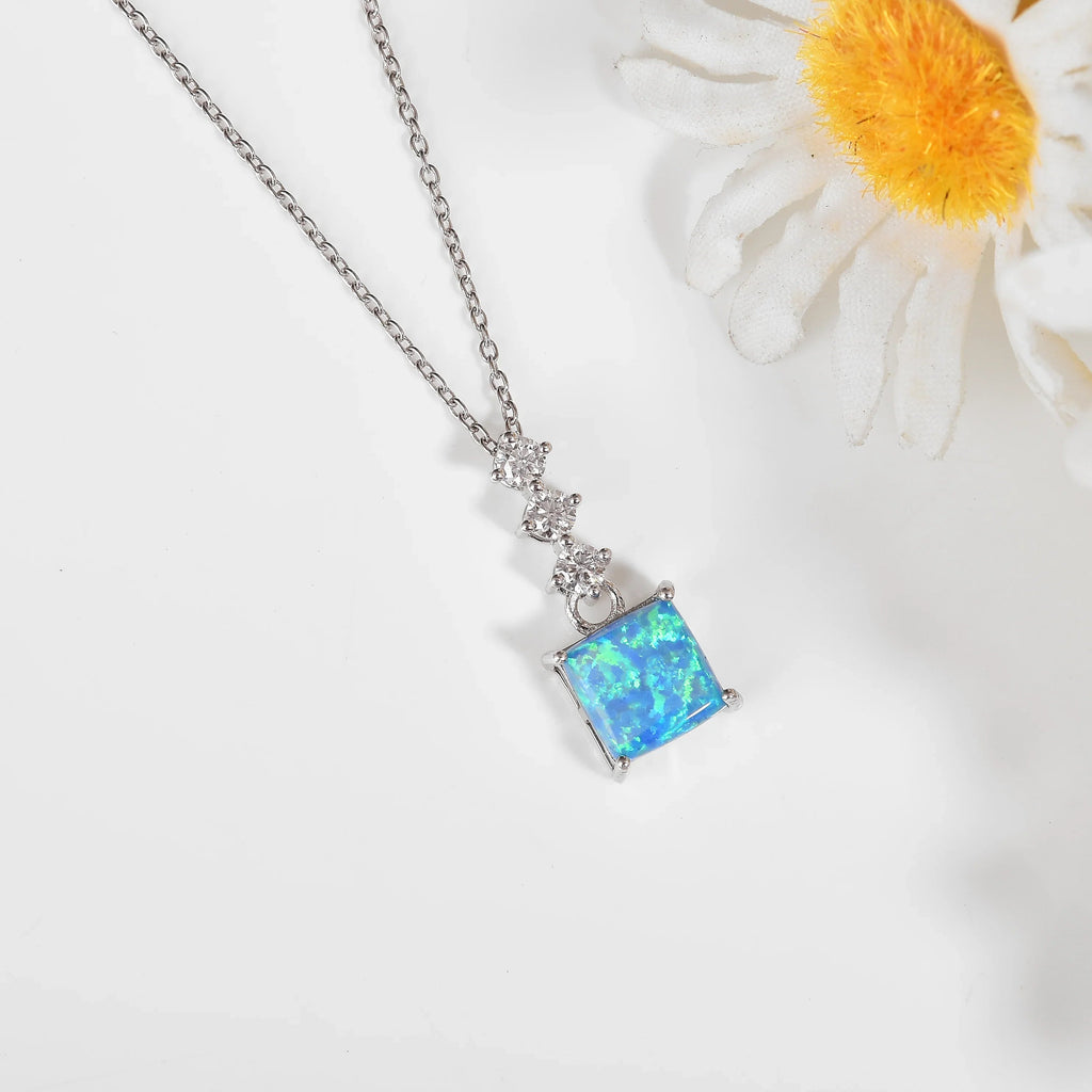 Lab Grown Princess Cut Blue Opal Pendant Necklace Fine Color Jewels