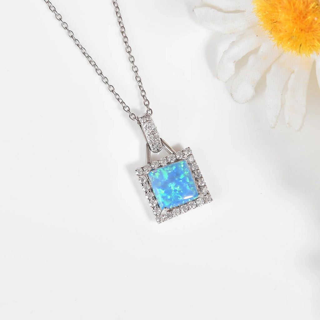 Lab Grown Blue Opal Halo Pendant Necklace Fine Color Jewels
