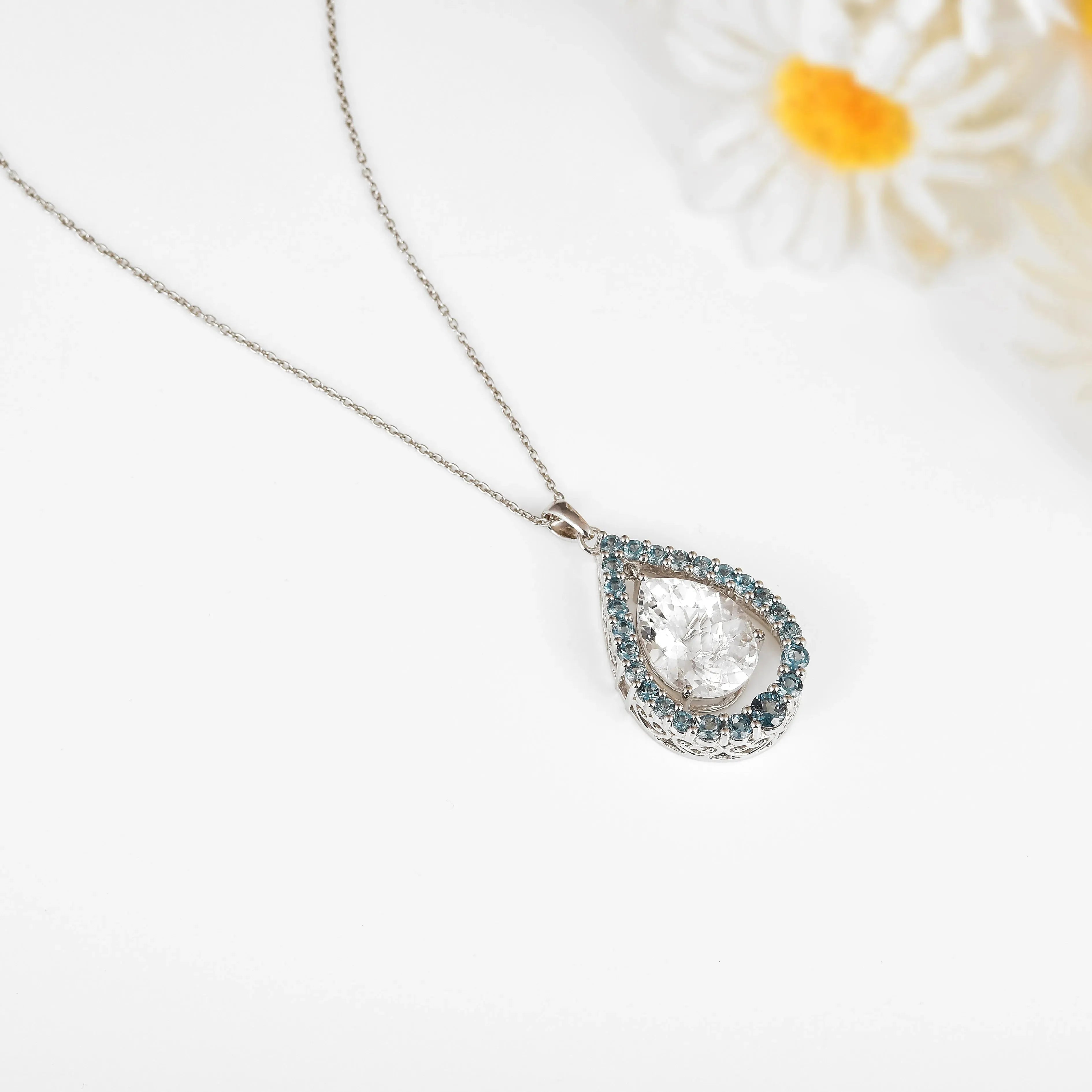 Natural White Topaz Teardrop Blue Topaz Necklace