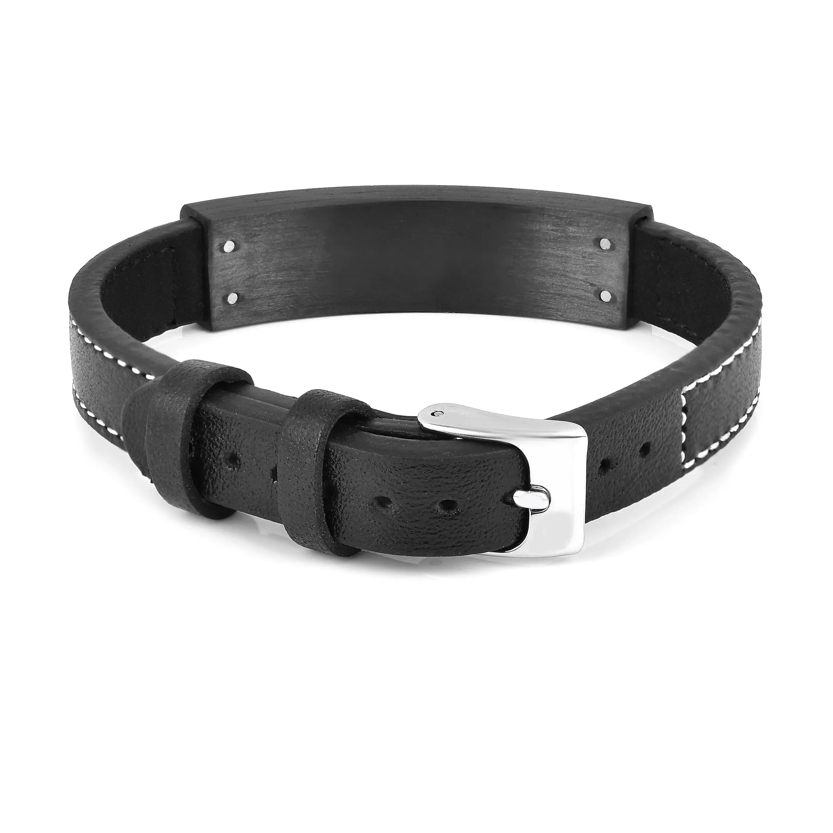 Minimalist Black Leather Mens Bracelet