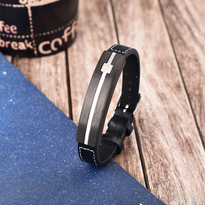 Minimalist Black Leather Mens Bracelet