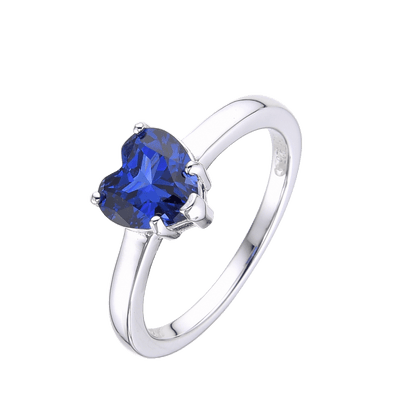 Lab Grown Blue Sapphire Heart Shaped Ring -September Birthstone White Rhodium-Plated 925 Sterling Silver - FineColorJewels
