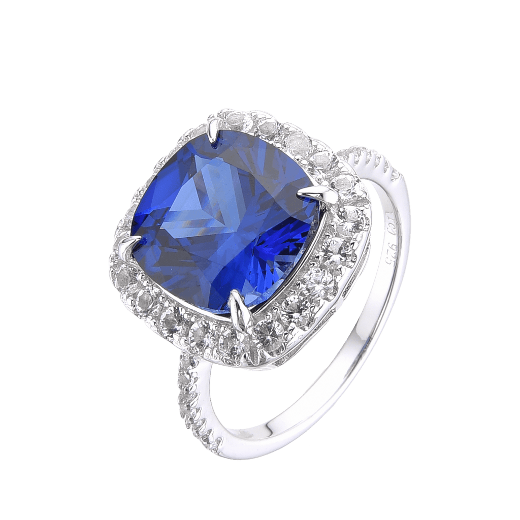 Lab Grown Cushion Cut Blue Sapphire Statement Ring with White Topaz Accents, September Birthstone Ring in White Rhodium-Plated 925 Sterling Silver - FineColorJewels