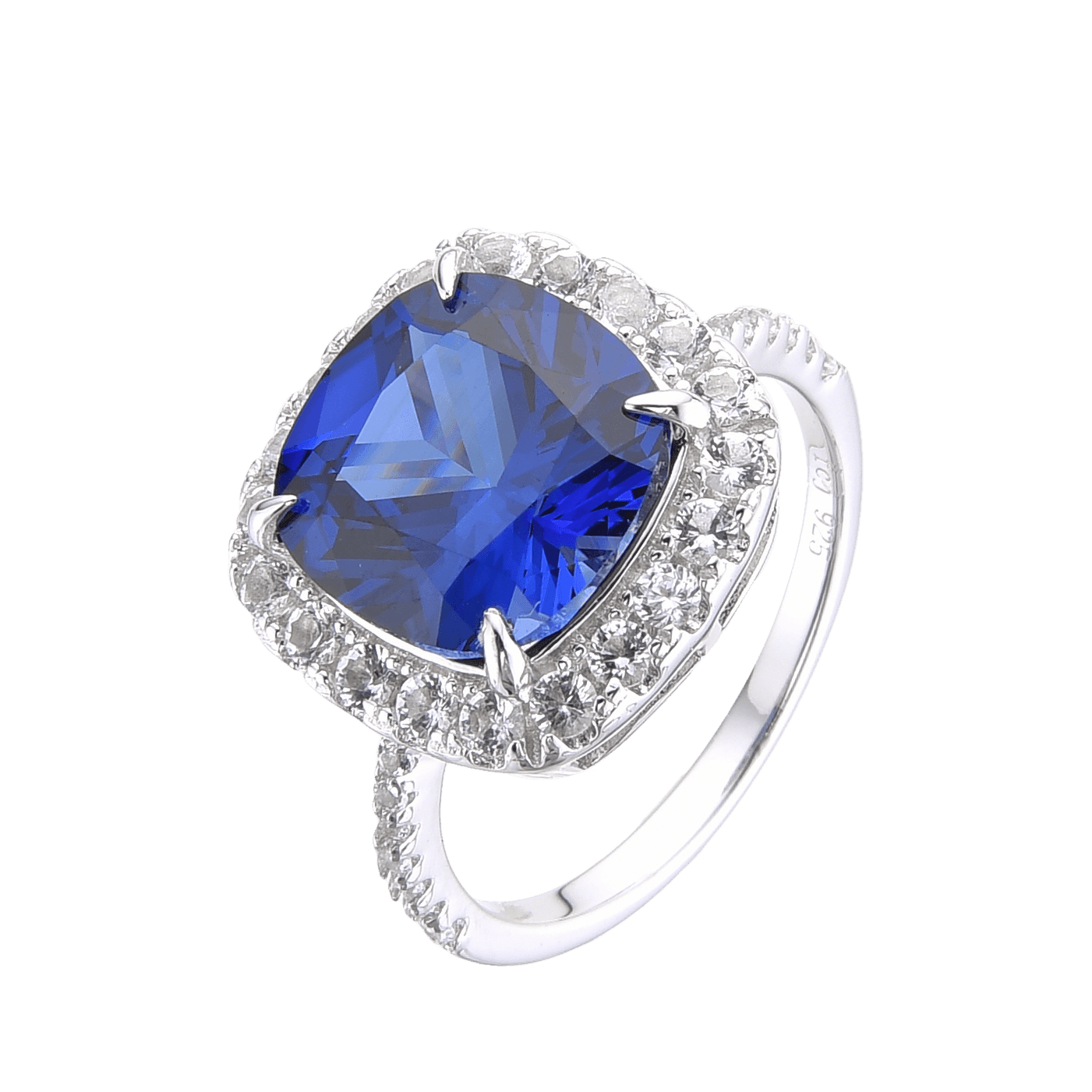 Lab Grown Cushion Cut Blue Sapphire Statement Ring with White Topaz Accents, September Birthstone Ring in White Rhodium-Plated 925 Sterling Silver - FineColorJewels