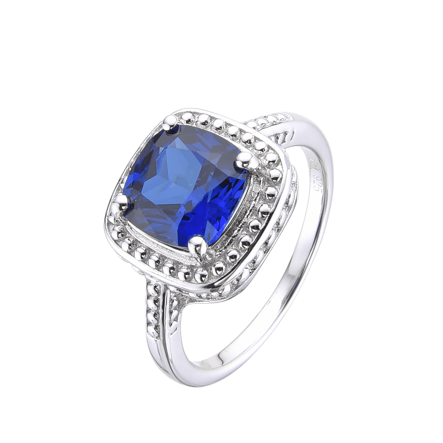 Lab Grown Cushion Cut Blue Sapphire Statement Ring - September Birthstone White Rhodium-Plated 925 Sterling Silver - FineColorJewels