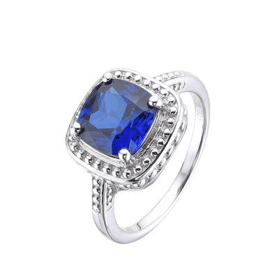 Lab Grown Cushion Cut Blue Sapphire Statement Ring - September Birthstone White Rhodium-Plated 925 Sterling Silver - FineColorJewels
