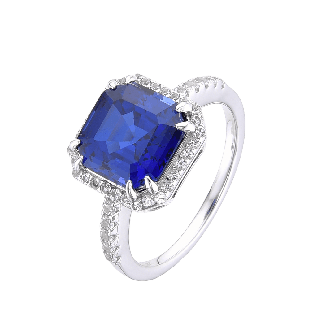 Lab Grown Asscher Cut Blue Sapphire Halo Ring with Round White Topaz Accents -September Birthstone White Rhodium-Plated 925 Sterling Silver - FineColorJewels