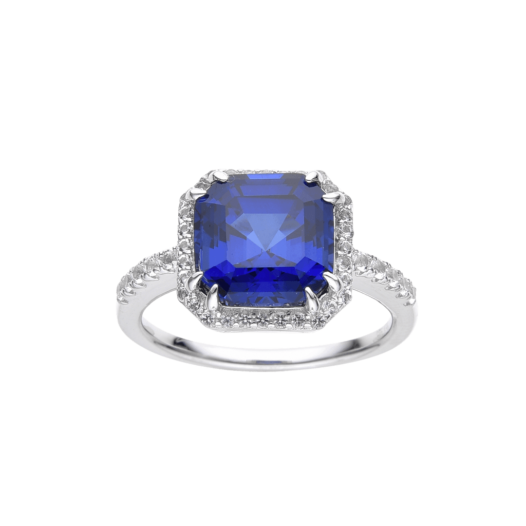 Lab Grown Asscher Cut Blue Sapphire Halo Ring with Round White Topaz Accents -September Birthstone White Rhodium-Plated 925 Sterling Silver - FineColorJewels