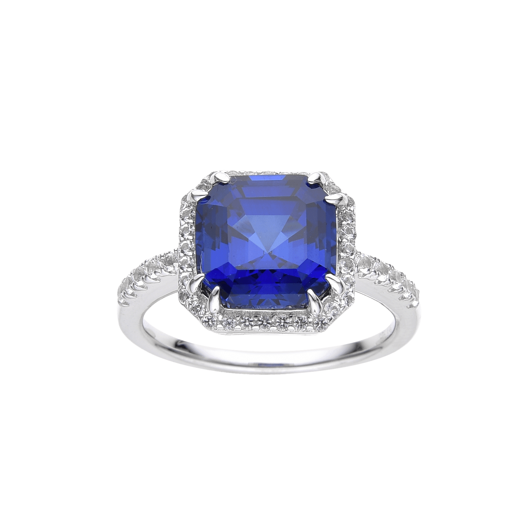 Lab Grown Asscher Cut Blue Sapphire Halo Ring with Round White Topaz Accents -September Birthstone White Rhodium-Plated 925 Sterling Silver - FineColorJewels