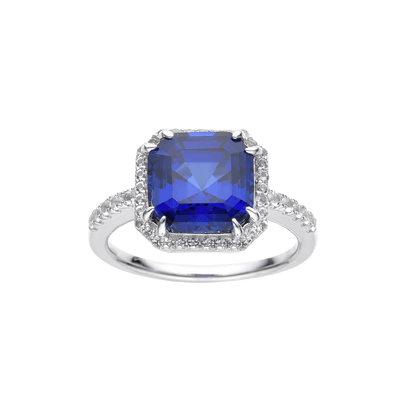 Lab Grown Asscher Cut Blue Sapphire Halo Ring with Round White Topaz Accents -September Birthstone White Rhodium-Plated 925 Sterling Silver - FineColorJewels