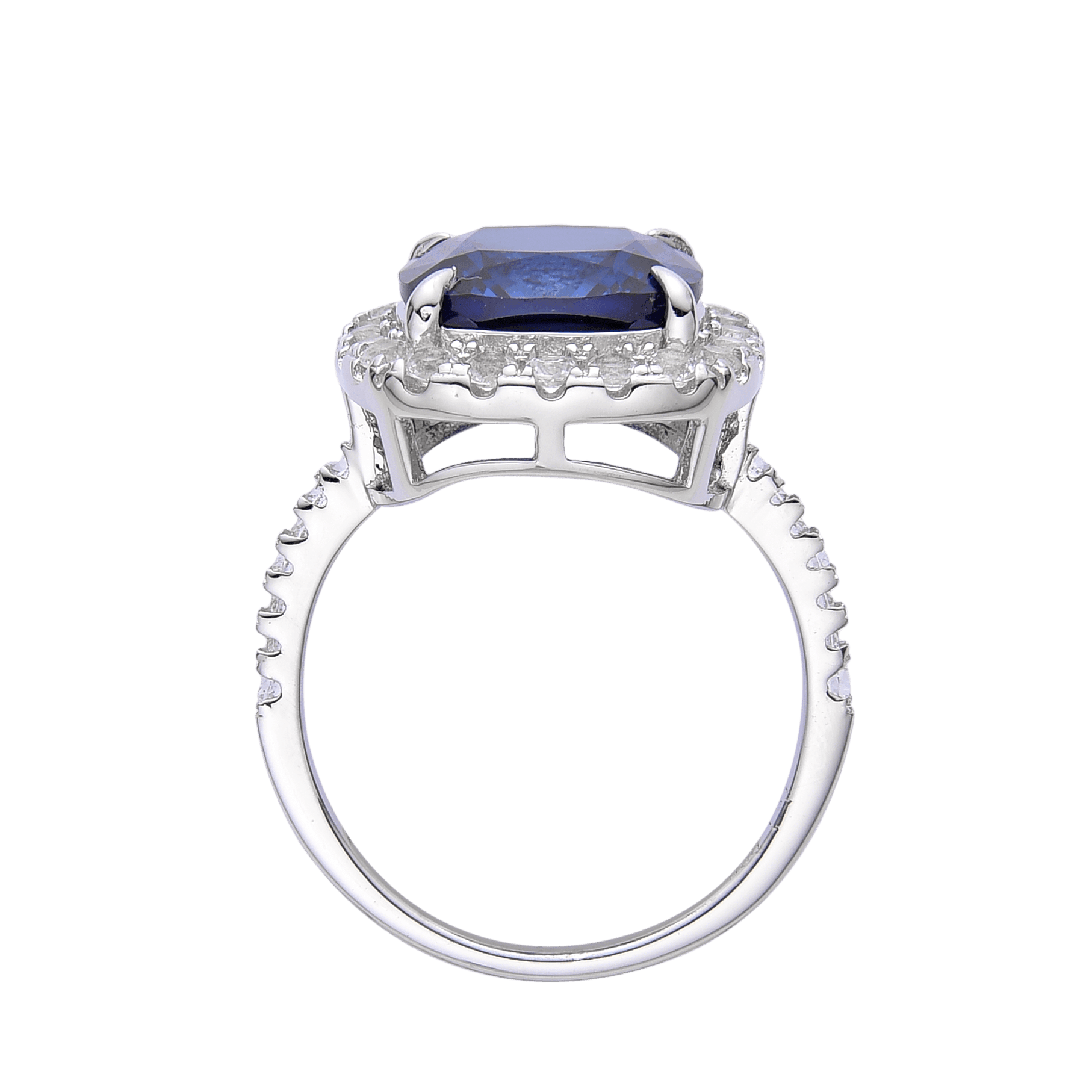 Blue Cocktail Sapphire Engagement Ring Royal Blue Halo White Topaz September Birthstone Ring Gift For Her- FineColorJewels