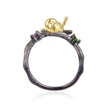 Load image into Gallery viewer, Exotic Nature Inspired Gold Plated Robin Ring.
$ 50 &amp; Under, Blue Topaz, Garnet, Red, Green, Blue, Round, 925 Sterling Silver, 925 Sterling Silver Ð Gold Plated Yellow, Fashion