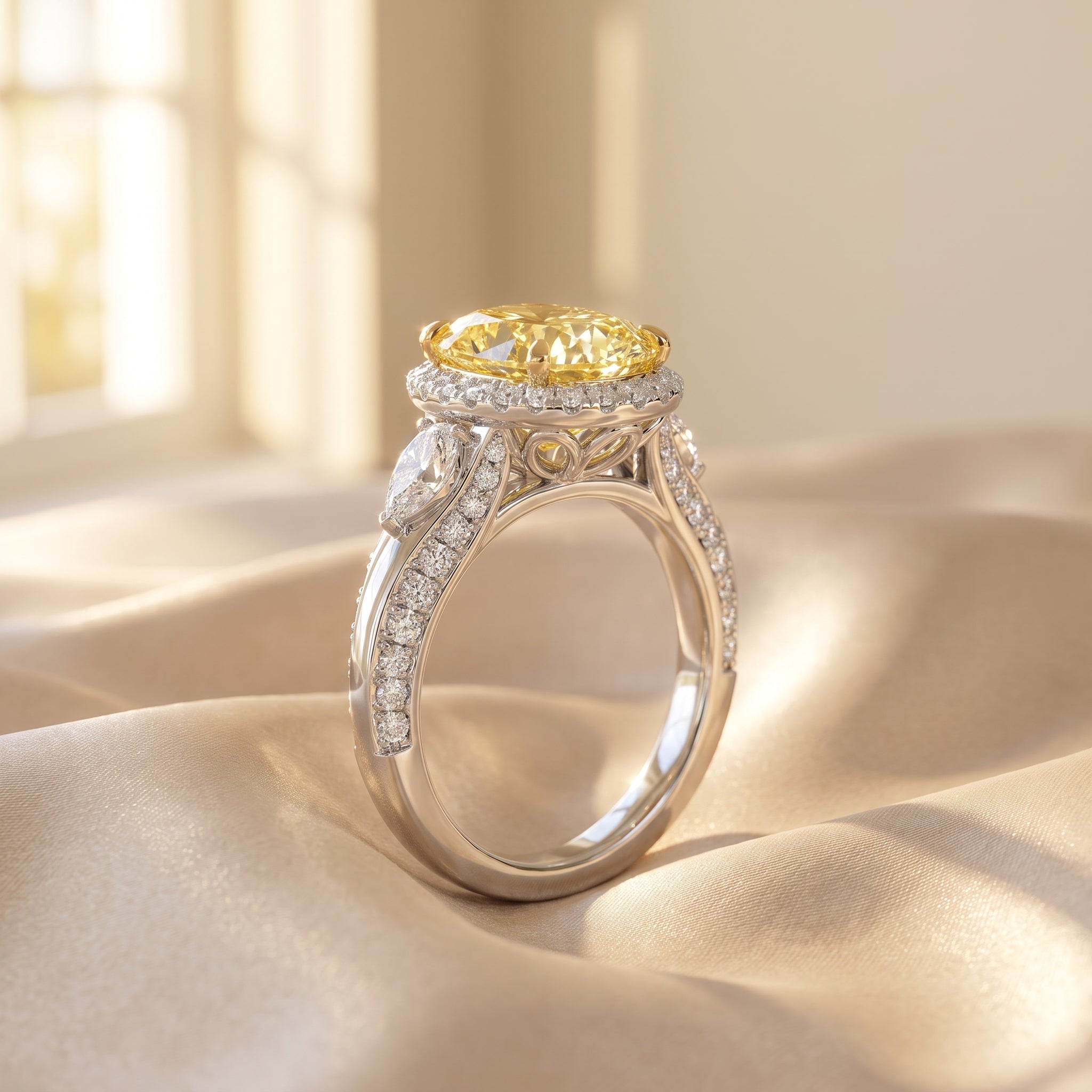 3Cttw Oval Shaped Yellow Lab Grown Diamond (F/VS) Three Stone Halo Enagement Ring in 14K Gold