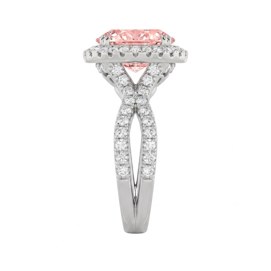 4Cttw Oval Shaped Pink Lab Grown Diamond (F/VS) Split Shank Halo Engagement Ring in 14K Gold