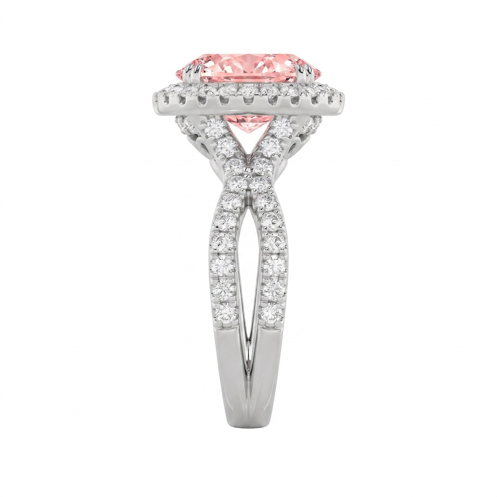 4Cttw Oval Shaped Pink Lab Grown Diamond (F/VS) Split Shank Halo Engagement Ring in 14K Gold