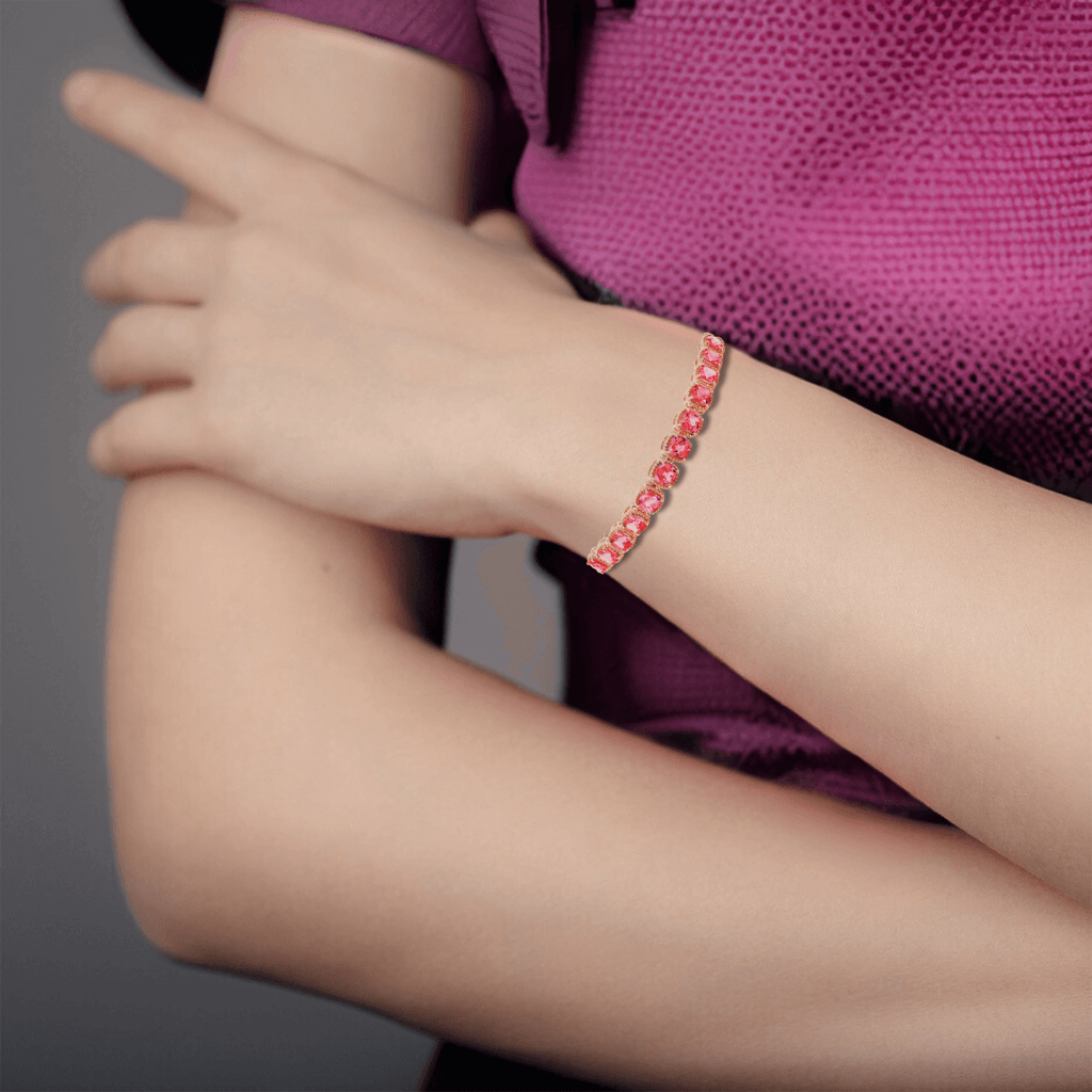 peach gemstone bracelet, peach sapphire bracelet on model, birthday gift for mom, affordable jewelry, jewelry gift ideas