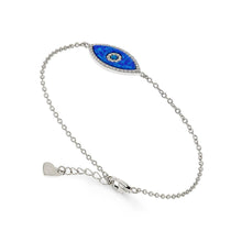 Load image into Gallery viewer, 	 Lab Grown Fancy Cut Blue Opal Evil Eye Bracelet with Cubic Zirconia Accents Rhodium Plated Sterling Silver Adjustable Chain Gift for Her - FineColorJewels